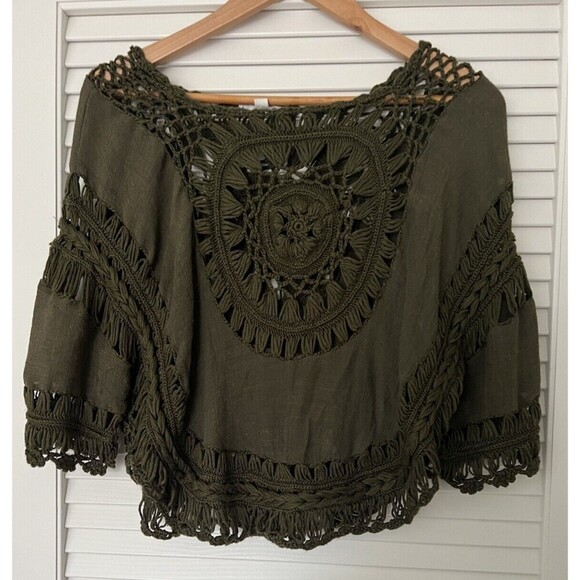 It Girl Women's Small Crochet Blouse Olive Green Beach Cover Up Boho Cropped Top - Picture 1 of 8